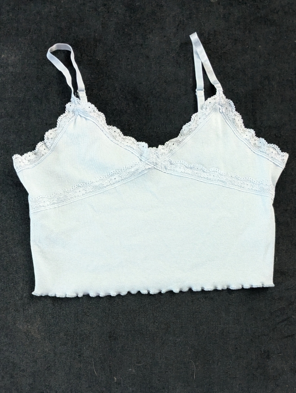 NWOT! Ambiance Sky Blue Ribbed Bralette Crop Top w/ Lace Trim Size L